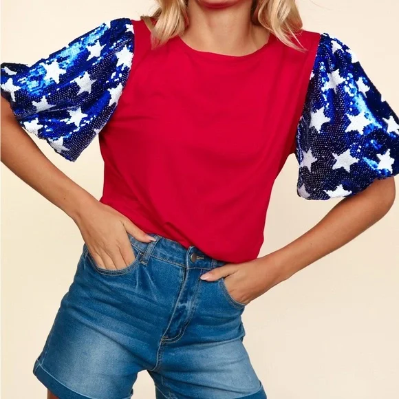 🔥🔥 Haptics New Boutique Star Sequins Bubble Short Sleeve Knit Top Red/Blue - Picture 3 of 4